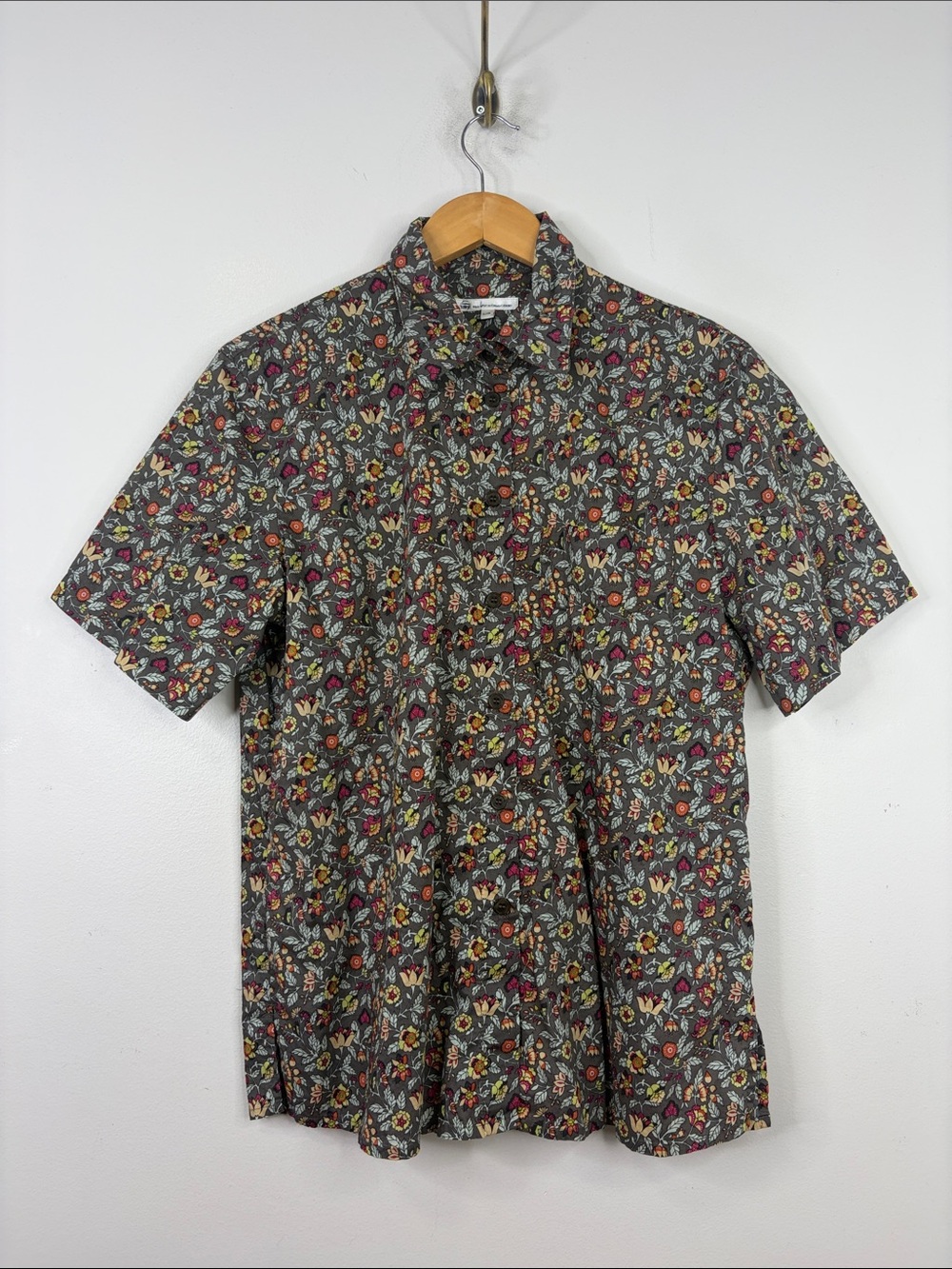 Tilley Blouse Womens Large Taupe Red Floral Cotton Short Sleeve Liberty London